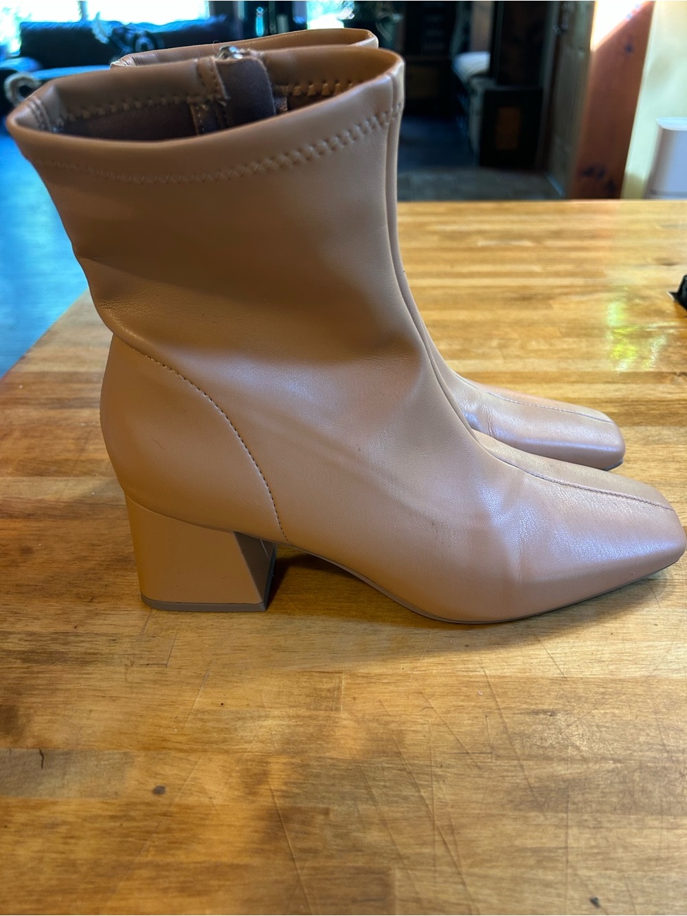 Women's Tan Block Heel Square Toe Ankle Boots